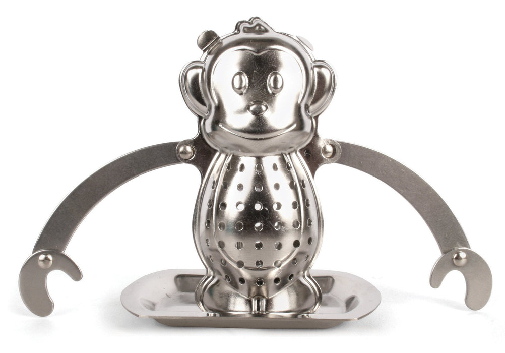 Tee-Aufgusskorb teegeschirr aus Edelstahl in Affenform auf weissem Hintergrund - Stainless steel monkey tea infuser on white background